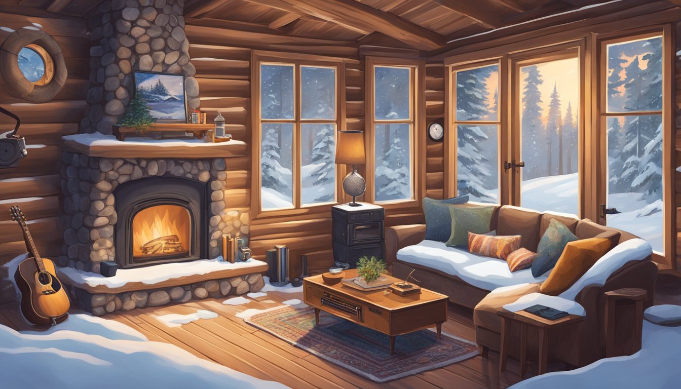 A cozy cabin in a snowy forest, with a warm fireplace and a record player spinning George Strait songs