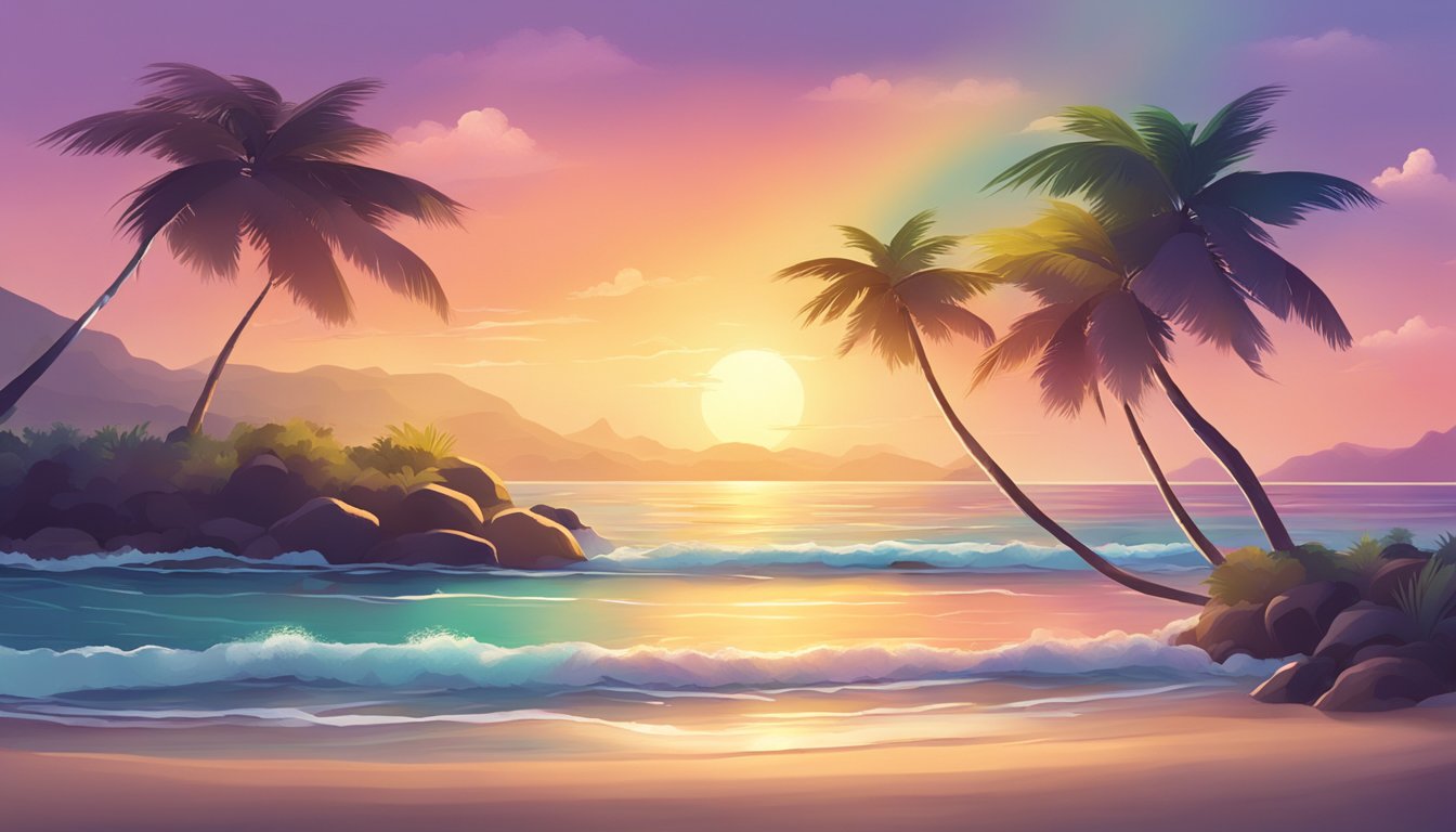 A serene beach with palm trees, a colorful sunset, and gentle waves crashing on the shore