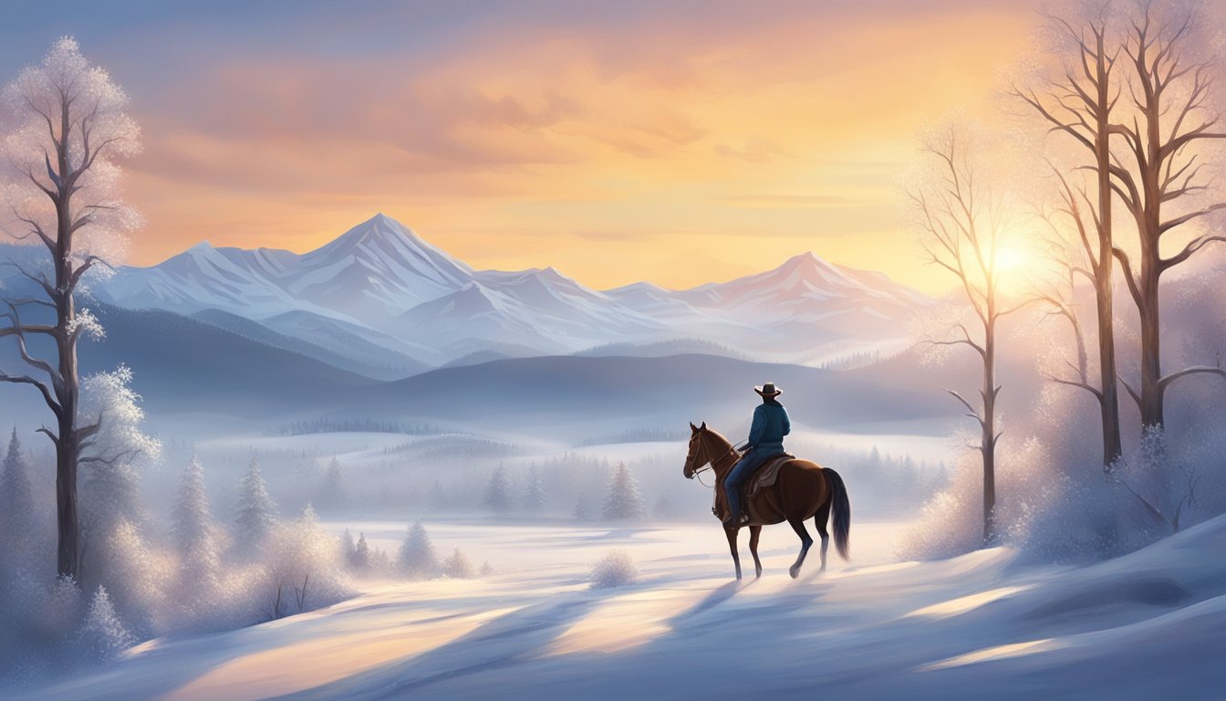 A snowy countryside with a lone cowboy riding a horse at sunrise, surrounded by frost-covered trees and a backdrop of mountains