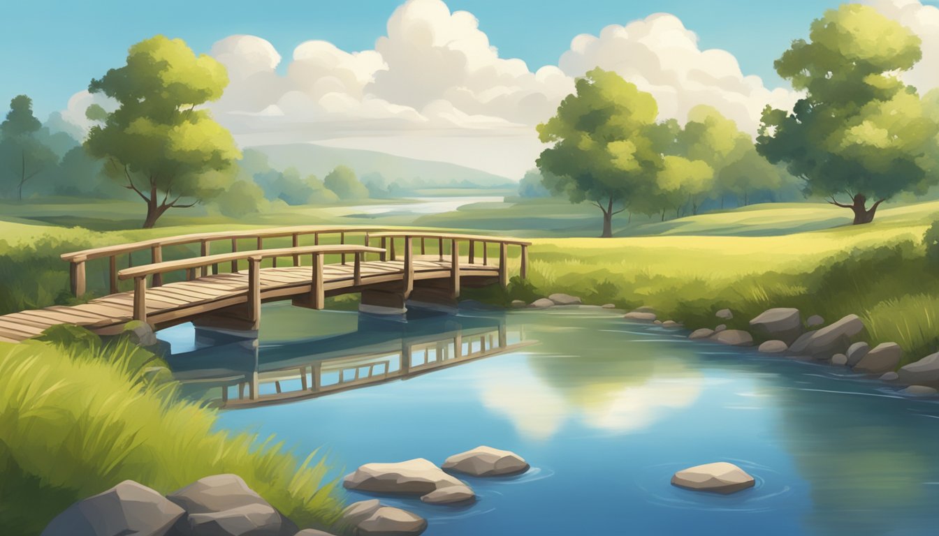 A serene countryside scene with a winding river, a rustic wooden bridge, and a clear blue sky with fluffy white clouds