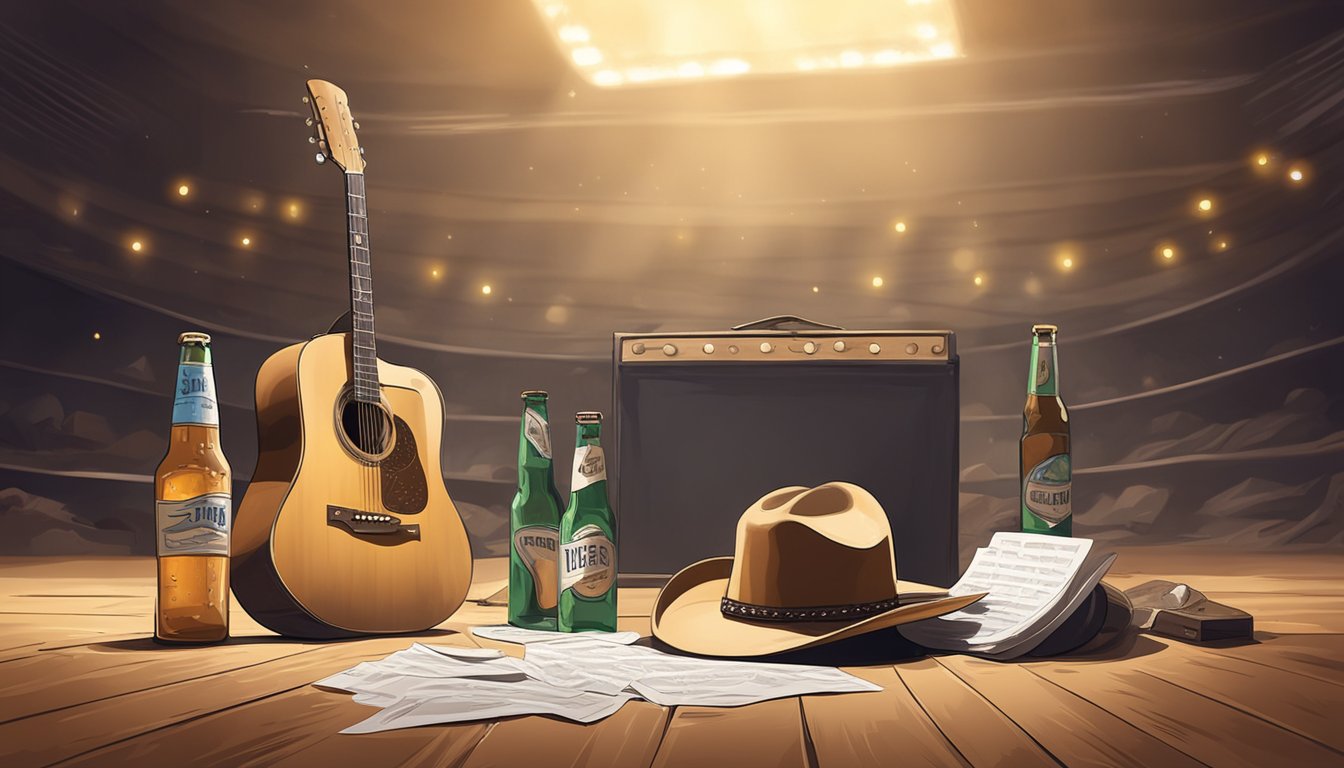 A cowboy hat and guitar lay abandoned on a dusty stage under the spotlight. Empty beer bottles and discarded set lists litter the floor