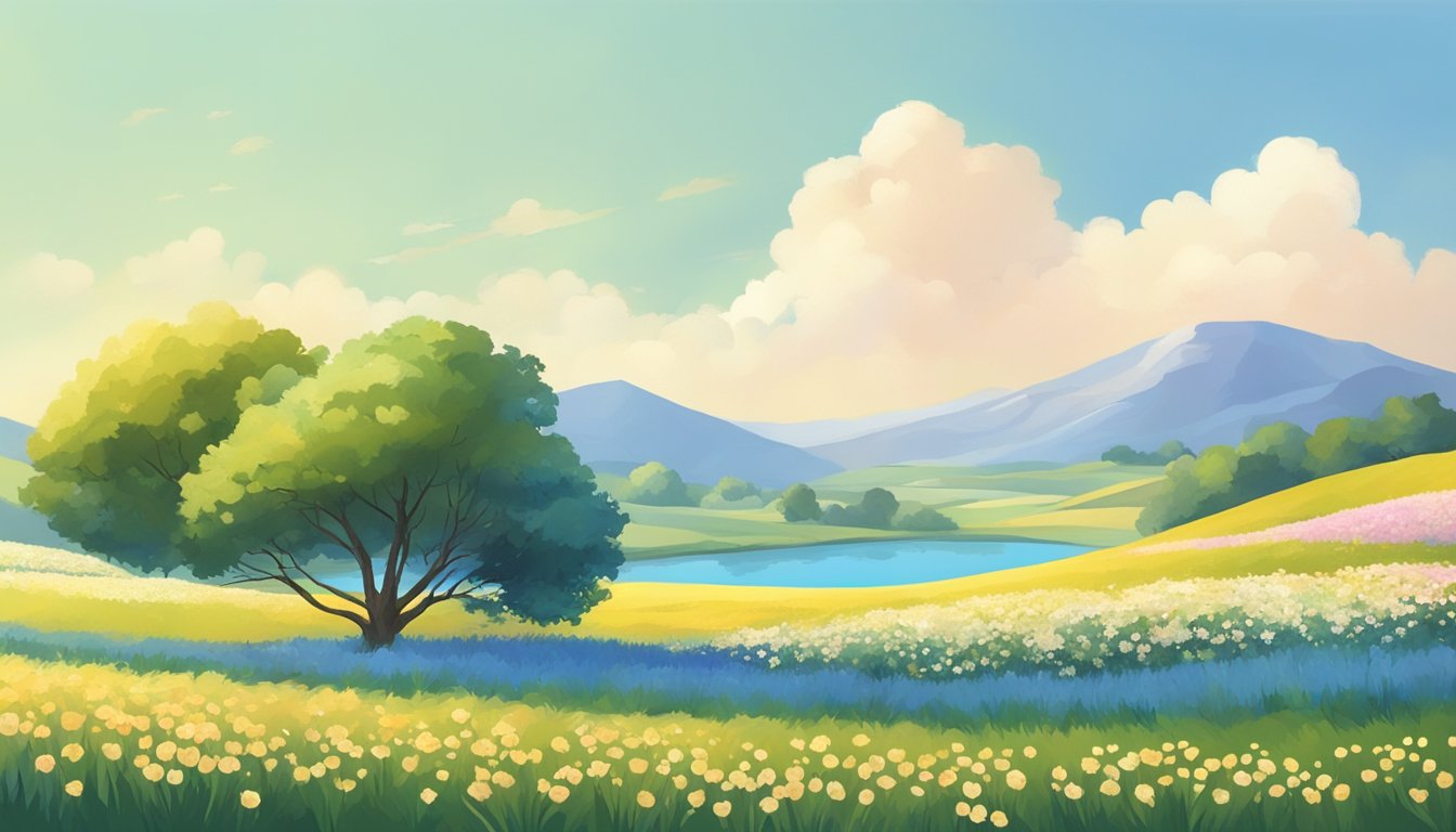 A peaceful countryside landscape with a flag waving in the wind, surrounded by blooming flowers and a clear blue sky