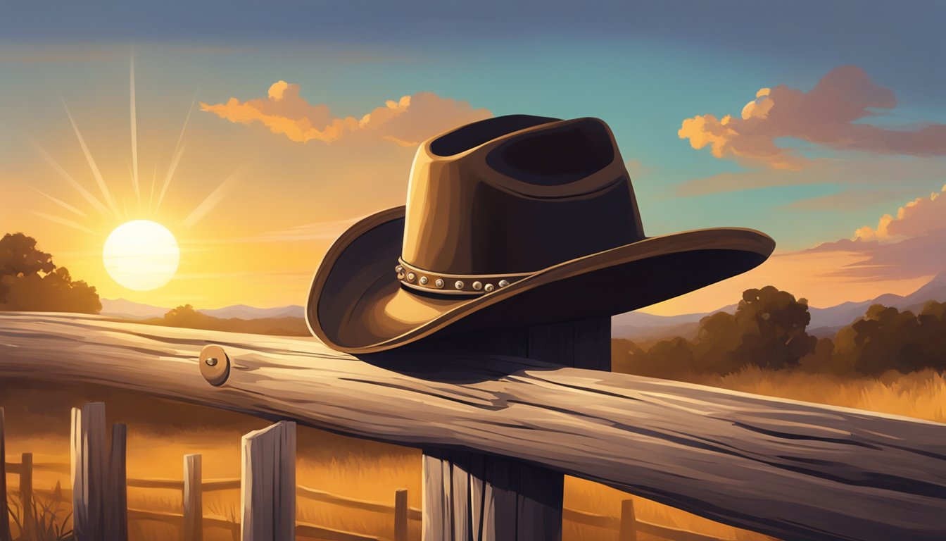 A cowboy hat sits on a wooden fence post with a guitar leaning against it, illuminated by the golden light of a setting sun