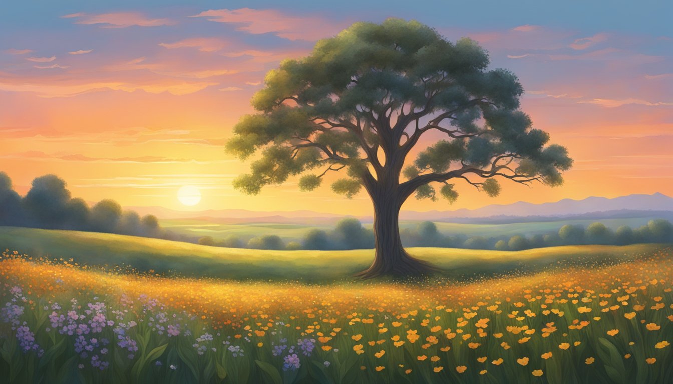 A serene sunset over a field of wildflowers, with a lone oak tree standing tall in the distance, symbolizing eternal love and remembrance