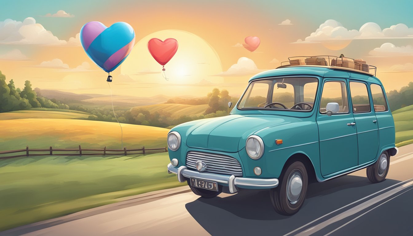 A car driving through a scenic countryside with a heart-shaped balloon floating out the window, surrounded by the days of the week