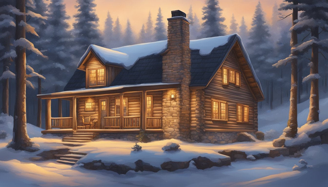 A cozy cabin nestled in a snowy forest, with a warm fire crackling in the fireplace and George Strait's music playing softly in the background