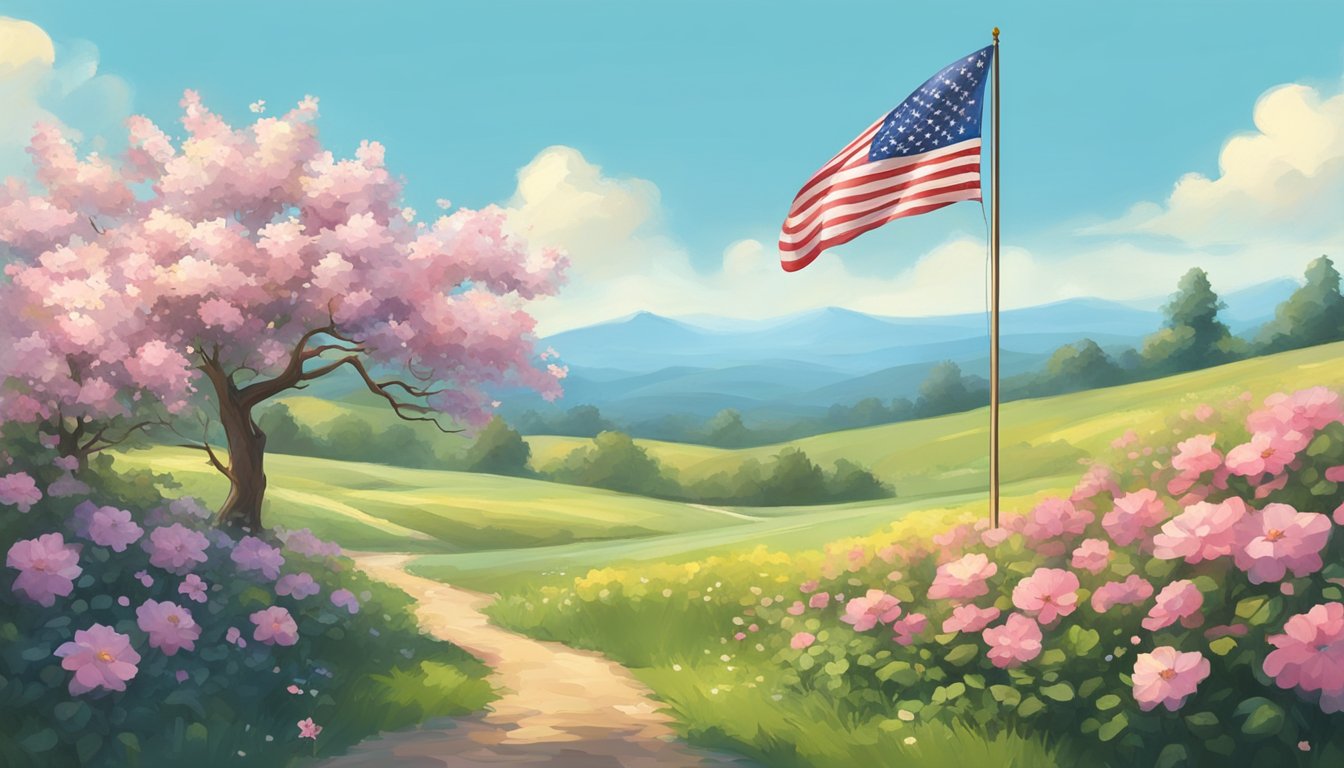 A peaceful countryside landscape with a lone American flag waving in the breeze, surrounded by blooming flowers and a clear blue sky