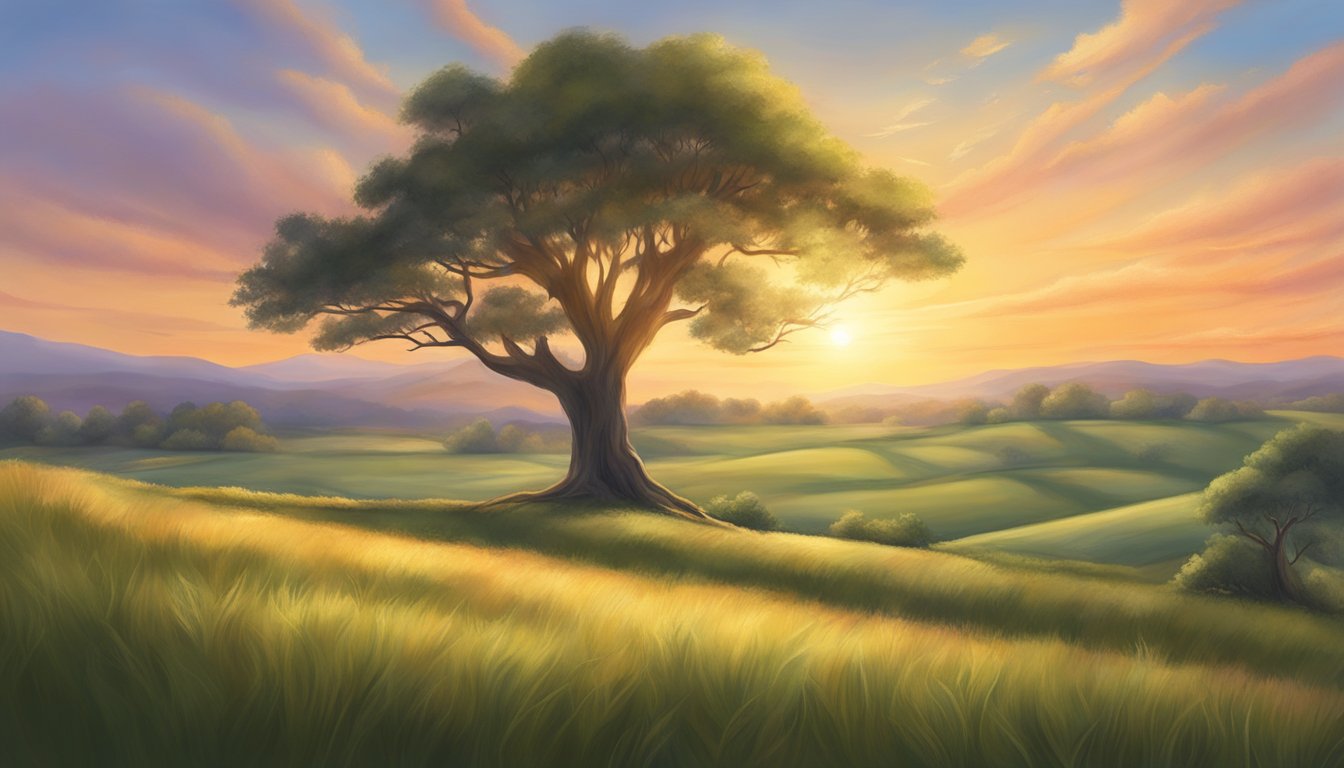 A serene sunset over a peaceful countryside, with a lone tree standing tall, capturing the essence of divine reunions and memories