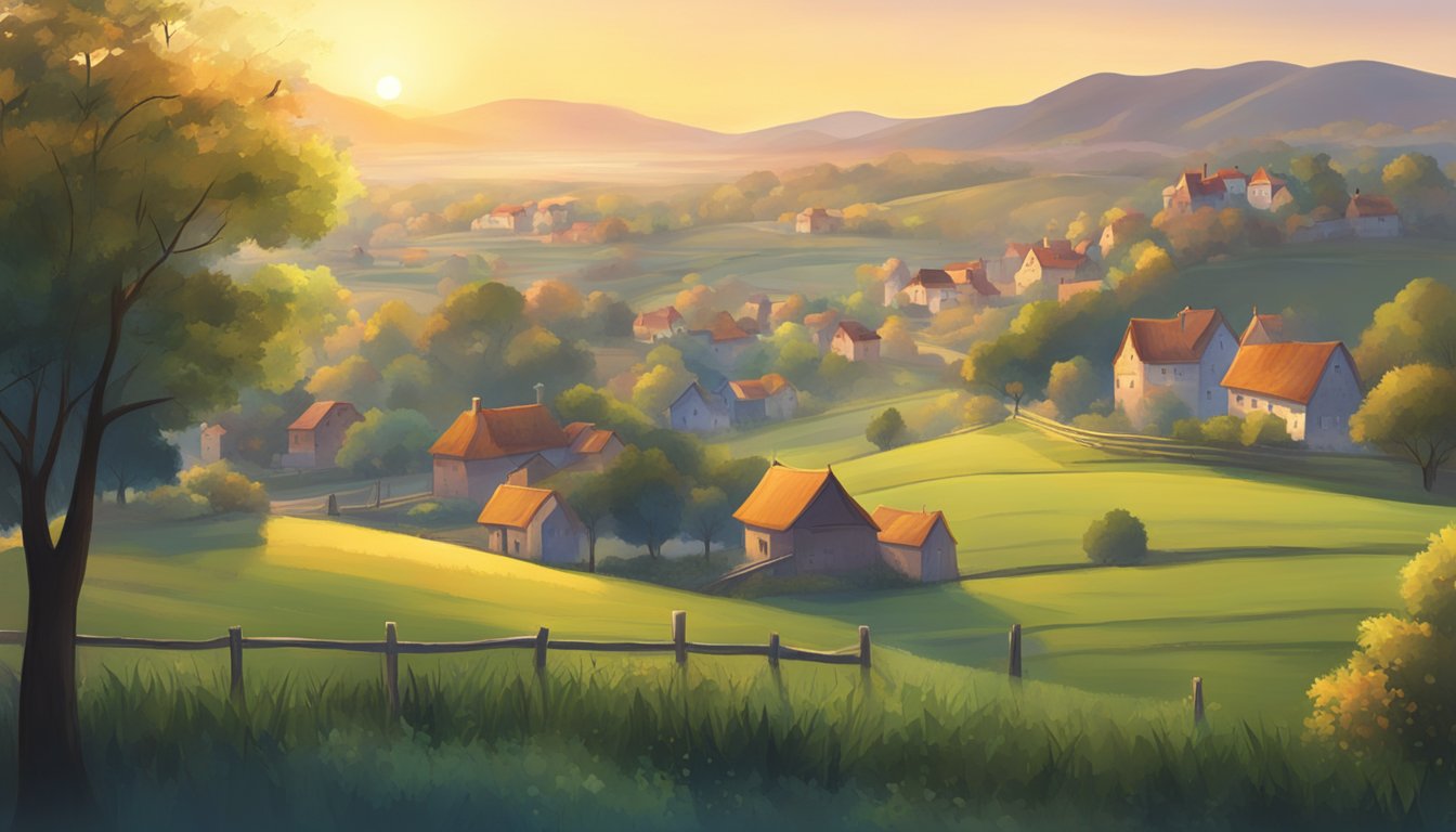 A serene countryside scene at dawn, with a small town waking up as the sun rises over the horizon