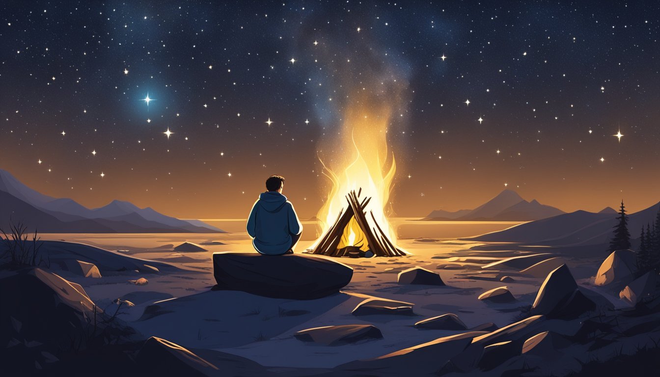 A lone figure sits by a campfire under a starry sky, surrounded by memories and emotions