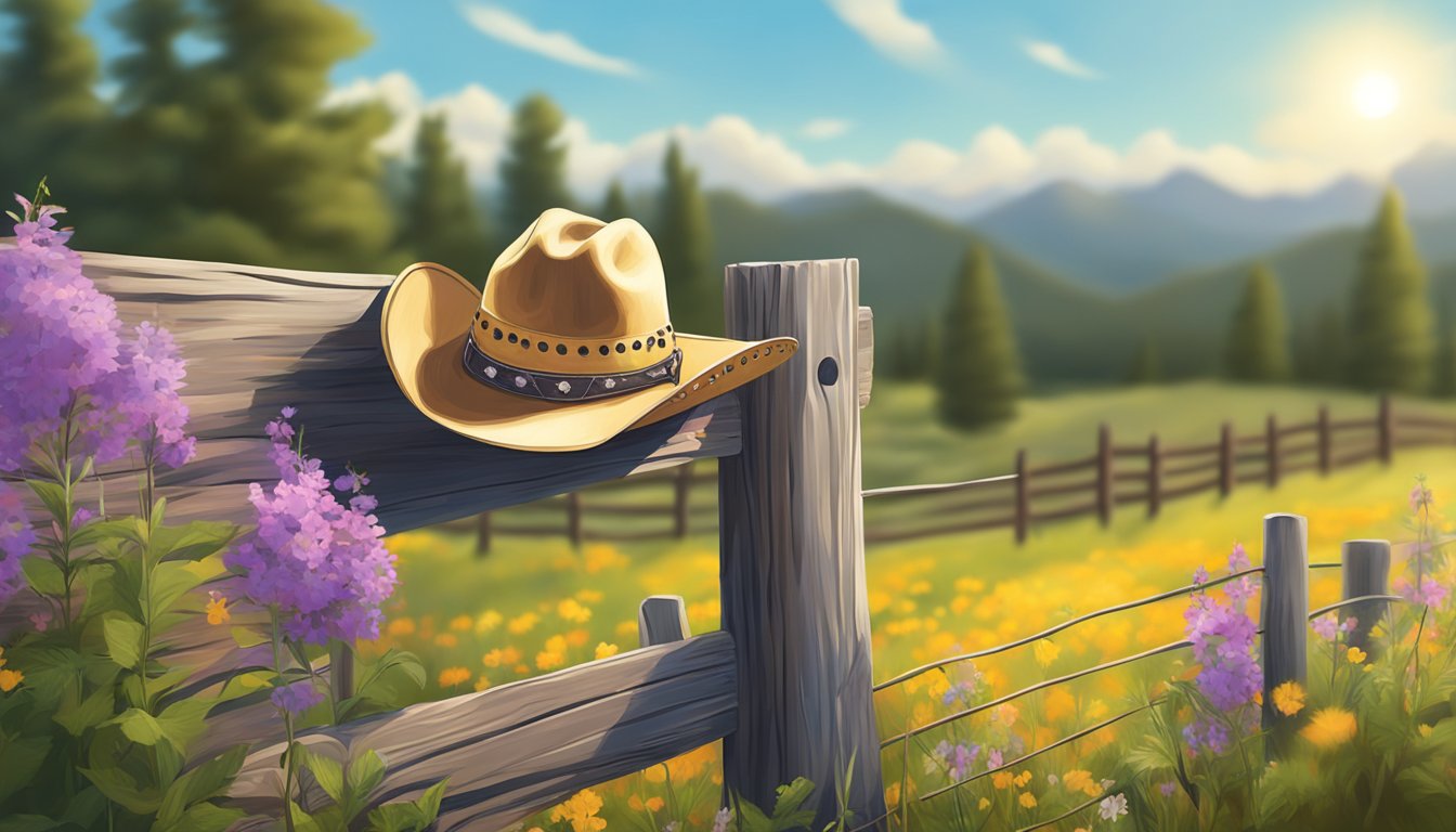 A cowboy hat resting on a wooden fence post, with a guitar leaning against it, surrounded by wildflowers under a sunny sky