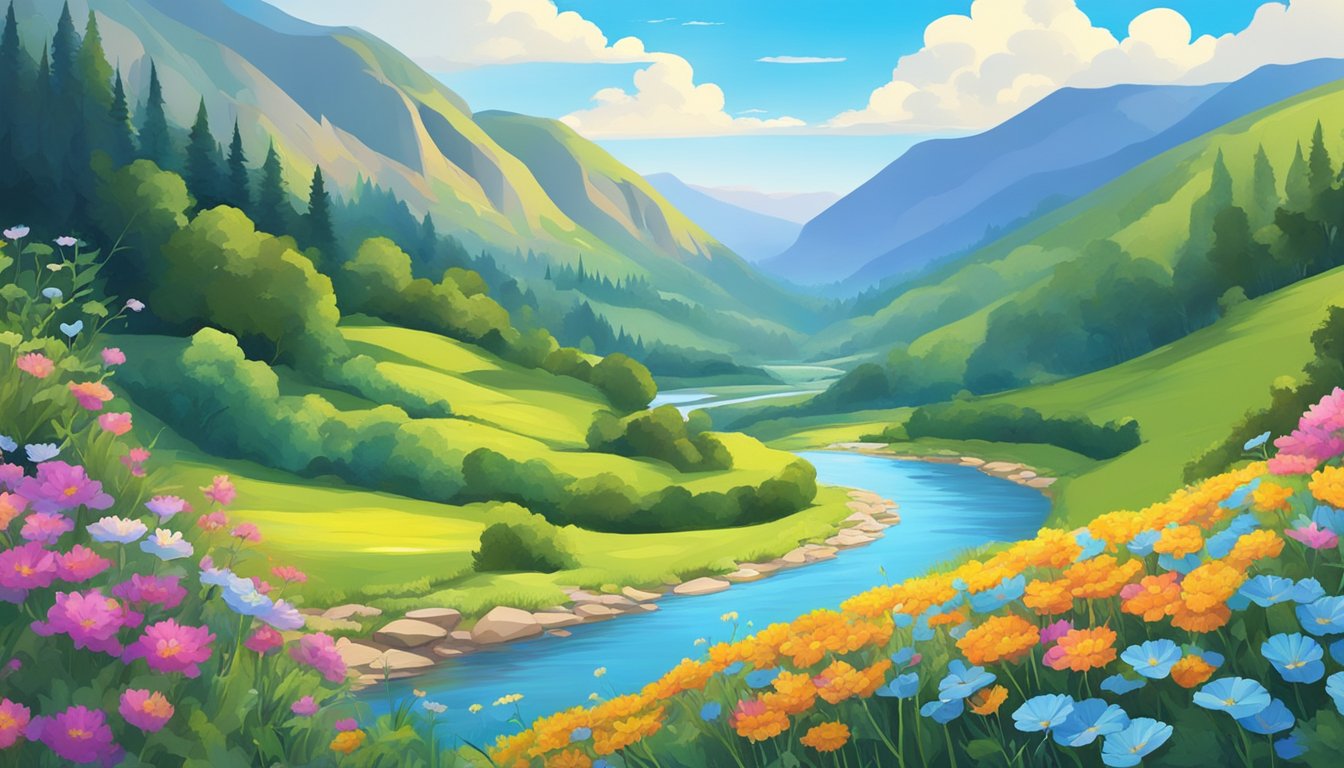 A serene river winding through a vibrant valley, with colorful wildflowers dotting the landscape under a bright blue sky