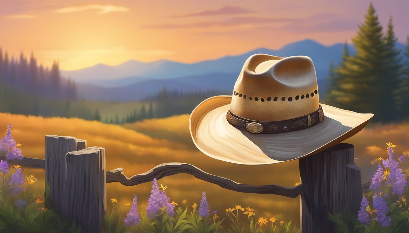 A lone cowboy hat resting on a weathered wooden fence post, surrounded by wildflowers and bathed in the warm glow of a setting sun