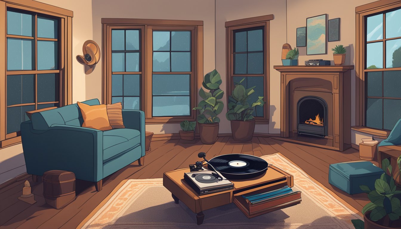 A cozy living room with a record player and a stack of George Strait albums. The window shows a rainy Monday outside