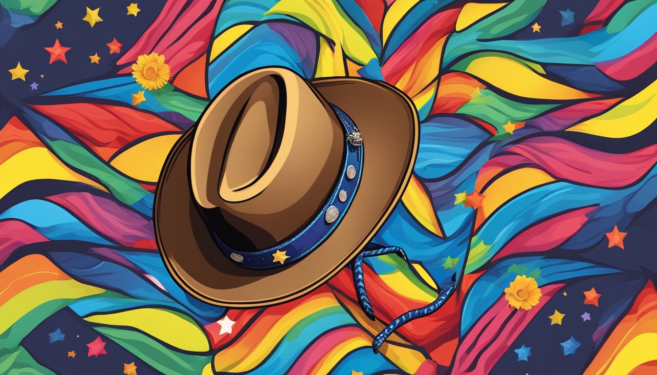 A cowboy hat surrounded by a rainbow of vibrant colors, including blue, red, and yellow, with a guitar leaning against it