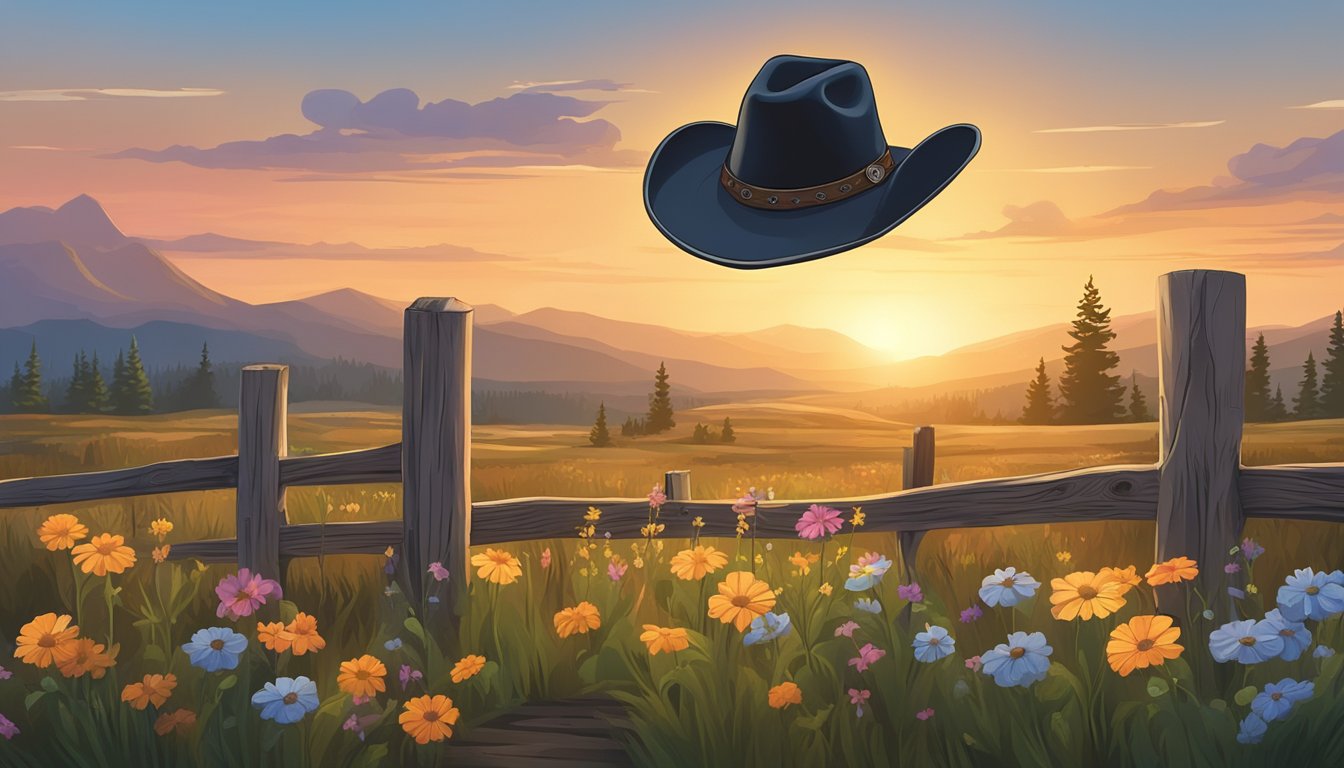 A lone cowboy hat rests on a weathered wooden fence post, surrounded by wildflowers and a distant sunset