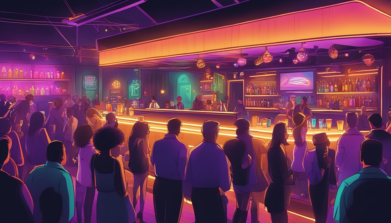 A lively bar scene with a stage, crowd, and neon lights, evoking a fun and carefree atmosphere for a Saturday night