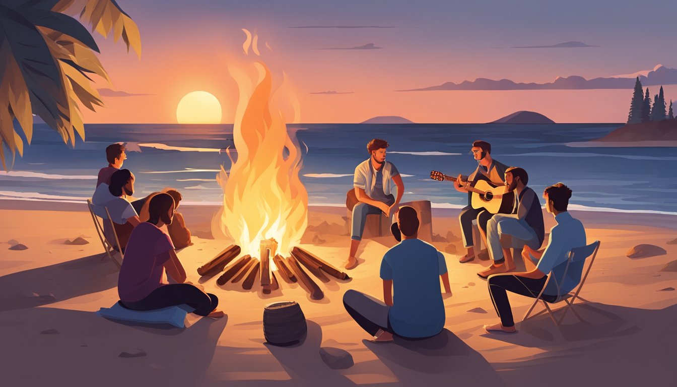 A group of people gathered around a bonfire on a beach, with a guitar player singing and others listening intently. The sunset casts a warm glow over the scene