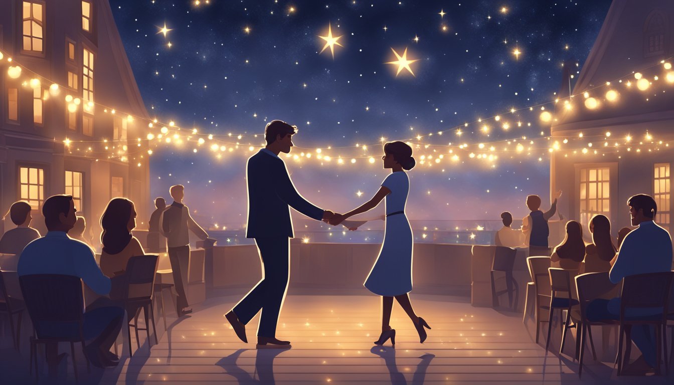 A couple dancing under a starry sky, surrounded by twinkling lights and the soft glow of a Thursday evening