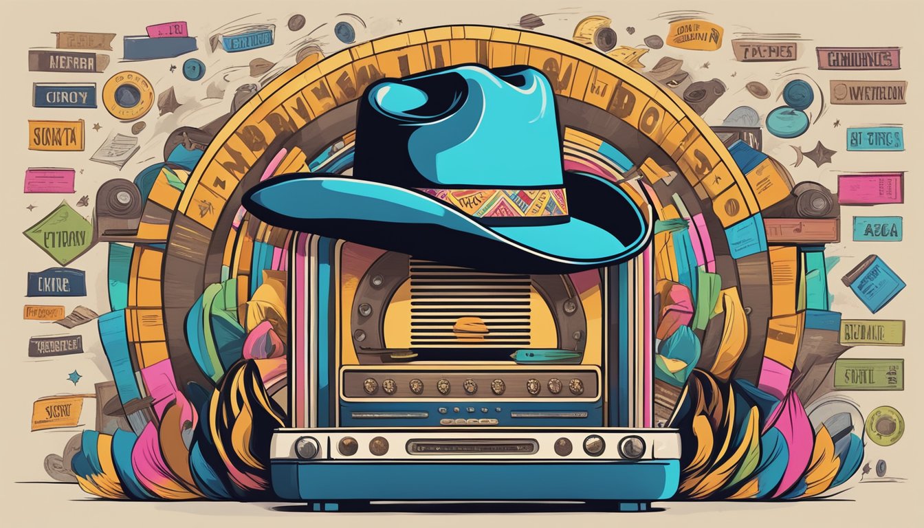 A cowboy hat surrounded by colorful song titles on a vintage jukebox