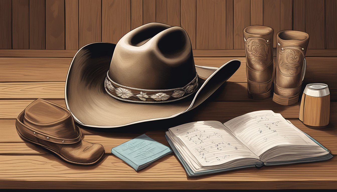 A cowboy hat on a wooden table surrounded by a guitar, a pair of cowboy boots, and a handwritten list of George Strait's songs