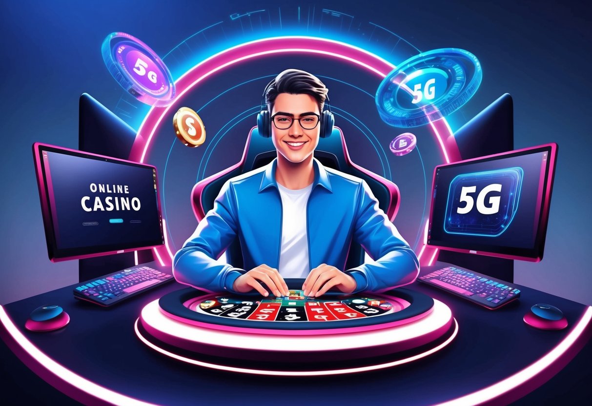 Une personne jouant à des jeux de casino en ligne sur un réseau 5G rapide et fiable, entourée d'un environnement de jeu futuriste et high-tech.