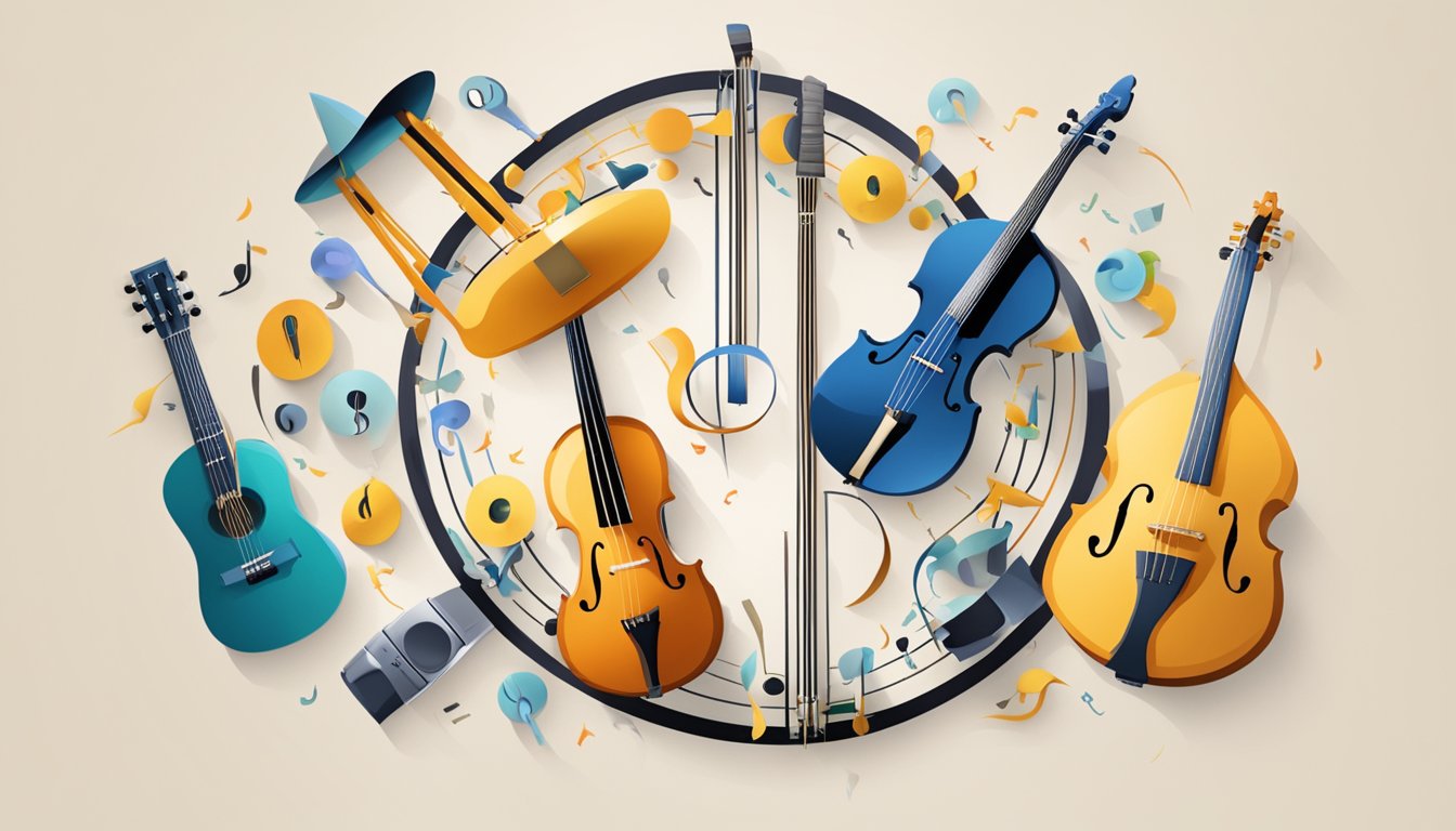 Instruments arranged in a circle, each representing a different day of the week, with musical notes floating above them