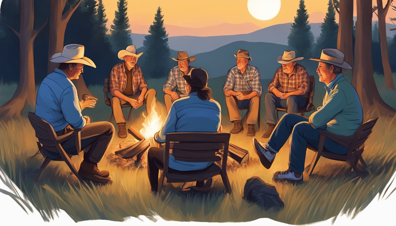 A group of old friends sitting around a bonfire, reminiscing about their youth while listening to George Strait songs