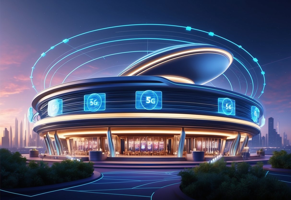 Un casino futuriste avec une connectivité 5G à haute vitesse, présentant des expériences de jeu en ligne sans faille grâce à une technologie avancée et un impact sociétal.