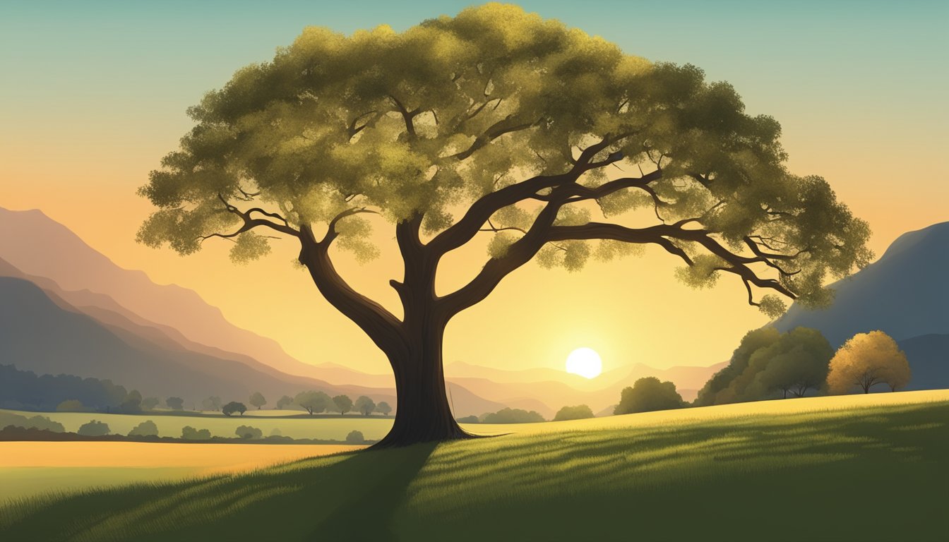 A serene countryside with a lone oak tree, casting a long shadow as the sun sets, symbolizing the passage of time and the beauty of life's simple moments