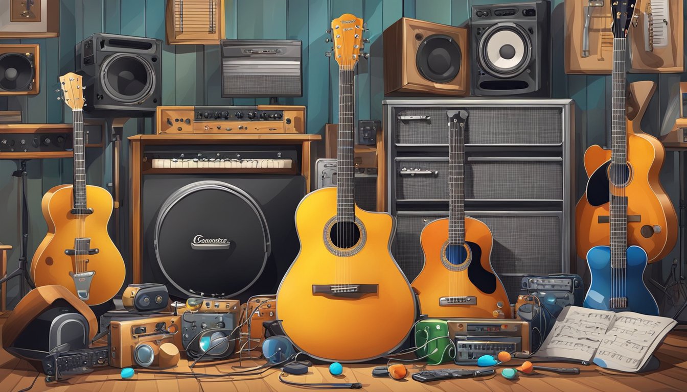 Colorful guitar surrounded by various objects in a music studio