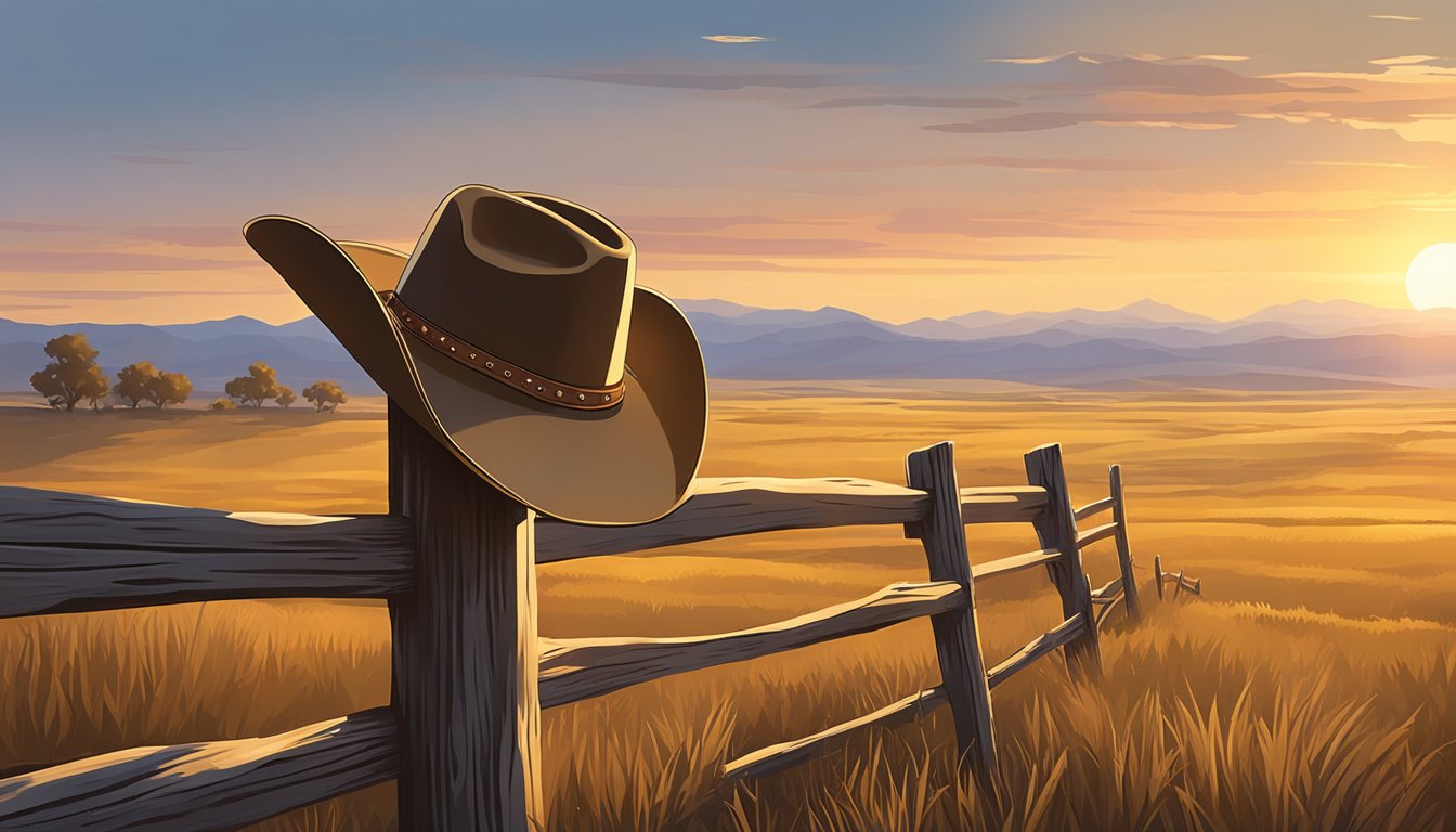 A cowboy hat hangs on a wooden fence post, with a backdrop of a golden sunrise over a vast, open prairie