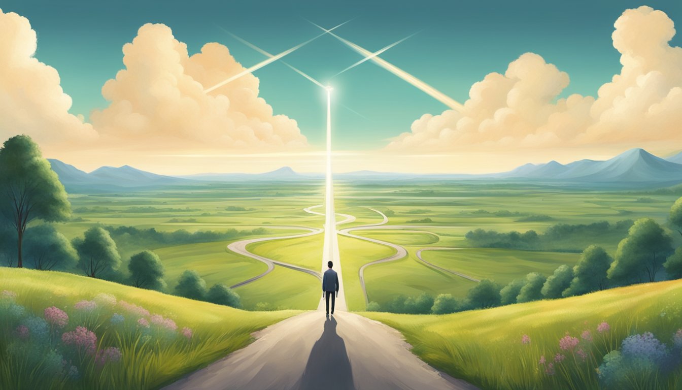 A man standing at a crossroads, one path leading to a serene meadow and the other to a bustling city, symbolizing the balance between wisdom and youthful energy