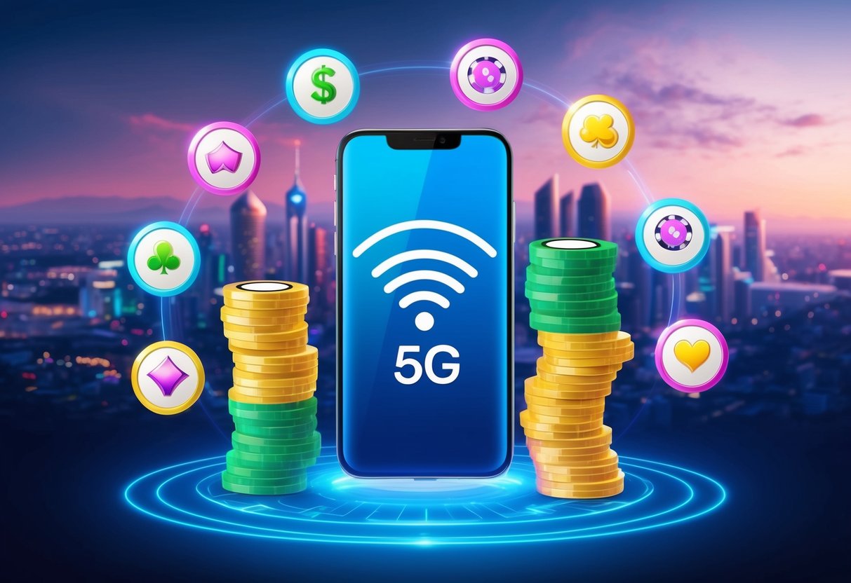 Un smartphone avec un signal 5G, entouré d'icônes de jeux de casino, avec un paysage urbain futuriste en arrière-plan, mettant en avant le potentiel de la 5G pour les jeux en ligne.