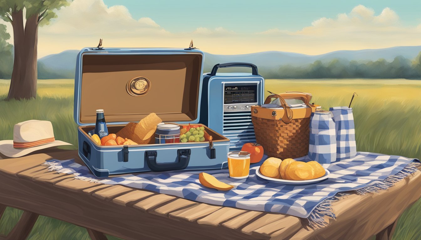 A sunny outdoor picnic with a checkered blanket, a cooler, and a radio playing George Strait songs