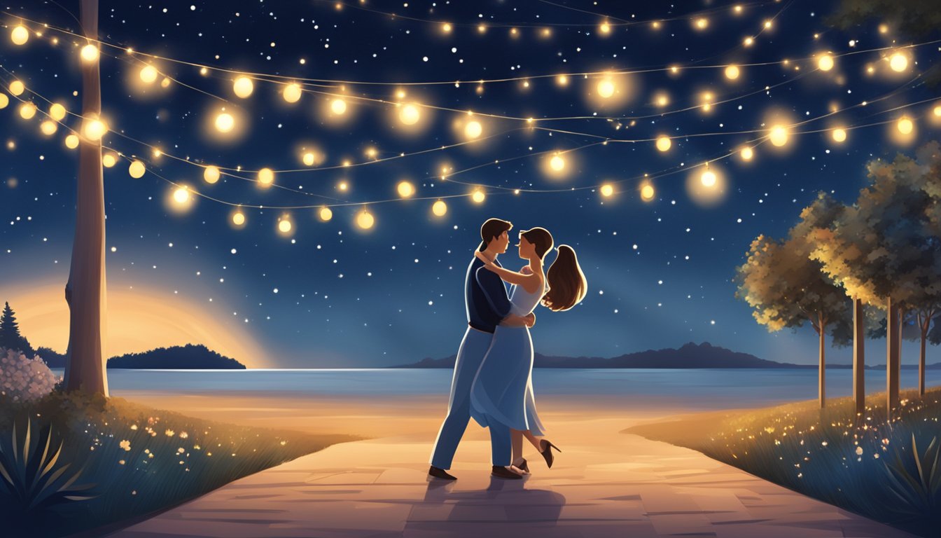 A couple dancing under the stars, surrounded by twinkling lights and a serene, peaceful atmosphere