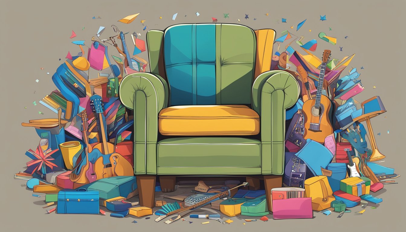 A chair surrounded by colorful objects representing George Strait's songs