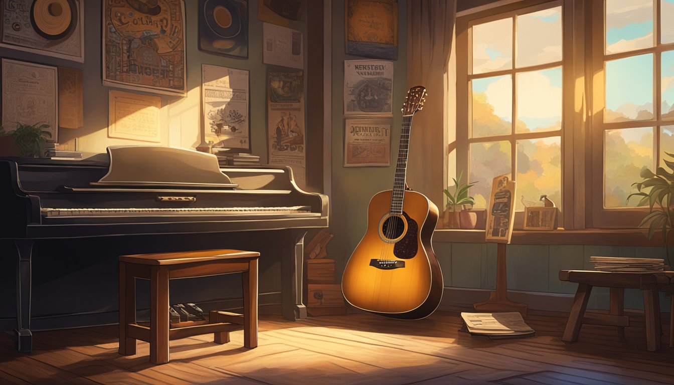 A lone guitar sits on a weathered wooden stool in a dimly lit room, surrounded by old concert posters and vinyl records. The light from a nearby window casts a warm glow on the instrument, hinting at the stories it holds within its strings