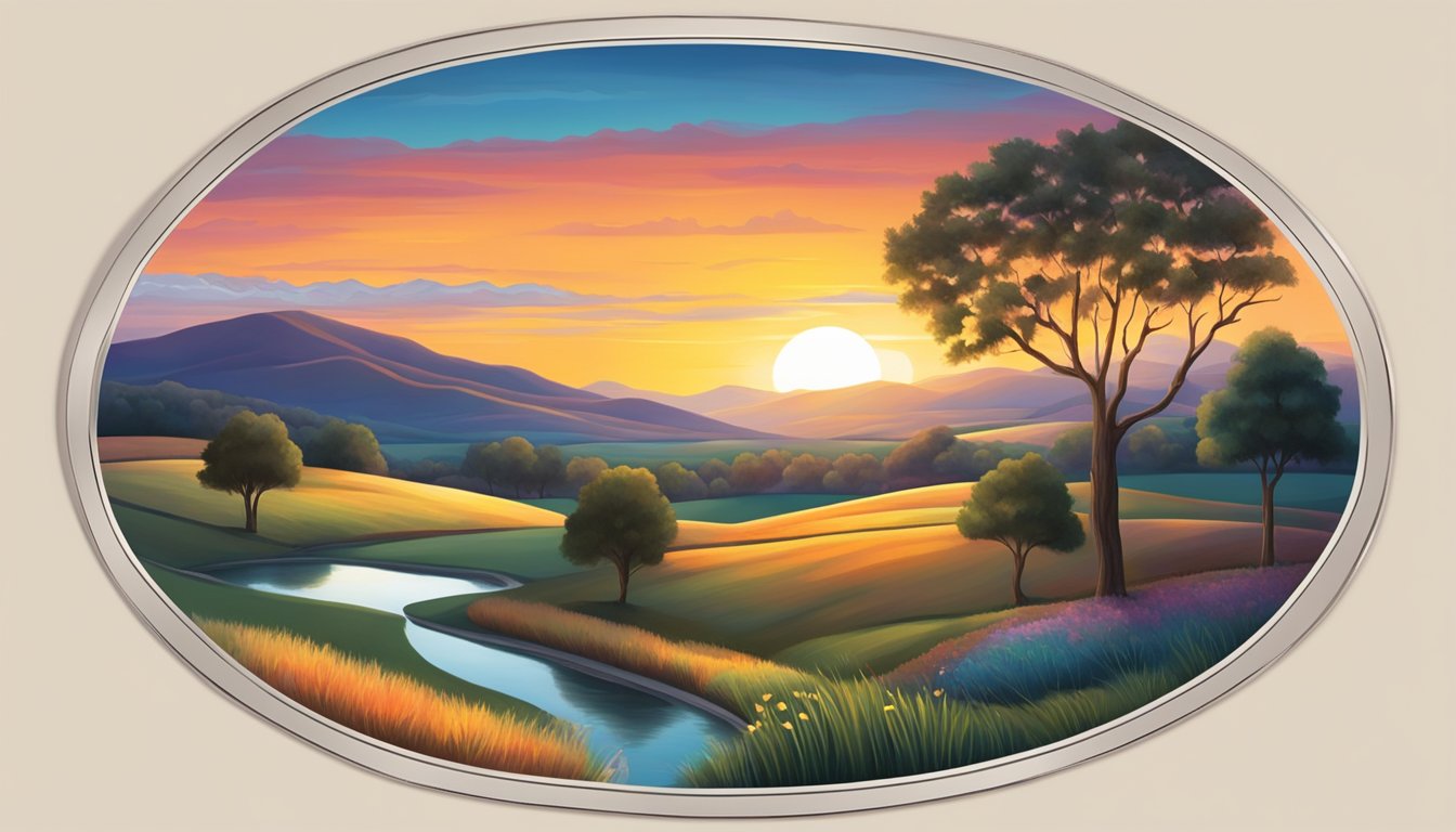 A vibrant sunset over a serene countryside, with rolling hills and a winding river, reflecting the colorful imagery in George Strait's music