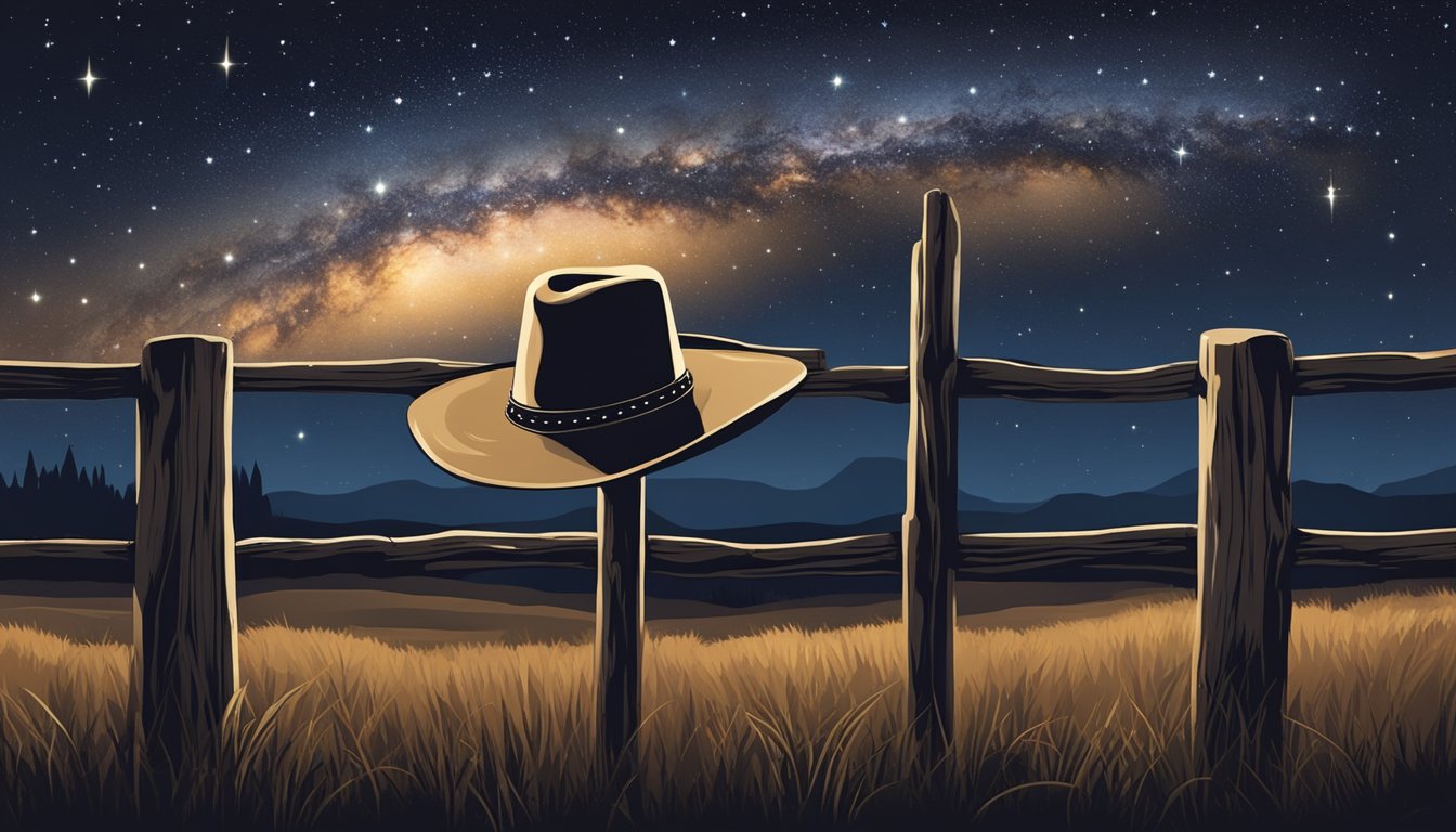 A lone cowboy hat sits on a weathered wooden fence post under a starry night sky, symbolizing the passage of time and emotional growth