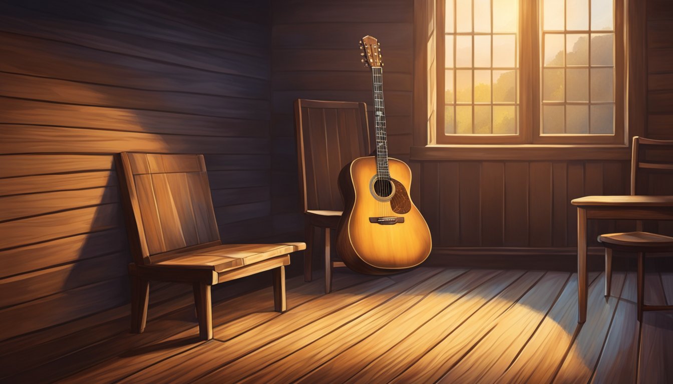 A lone guitar sits on a weathered wooden stage, bathed in warm spotlight, surrounded by empty chairs. A nostalgic, wistful atmosphere permeates the scene