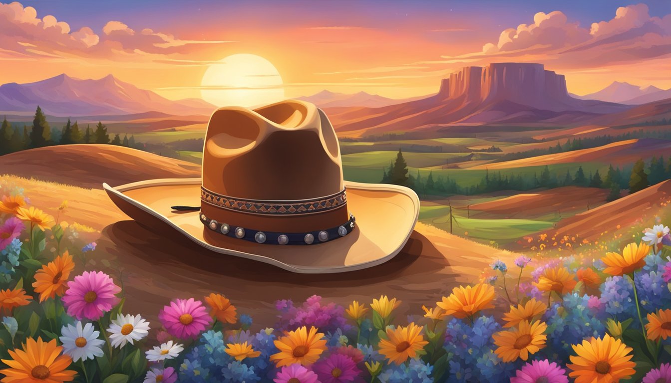 A cowboy hat surrounded by various colored objects, such as a sunset, a field of wildflowers, and a vibrant rodeo arena