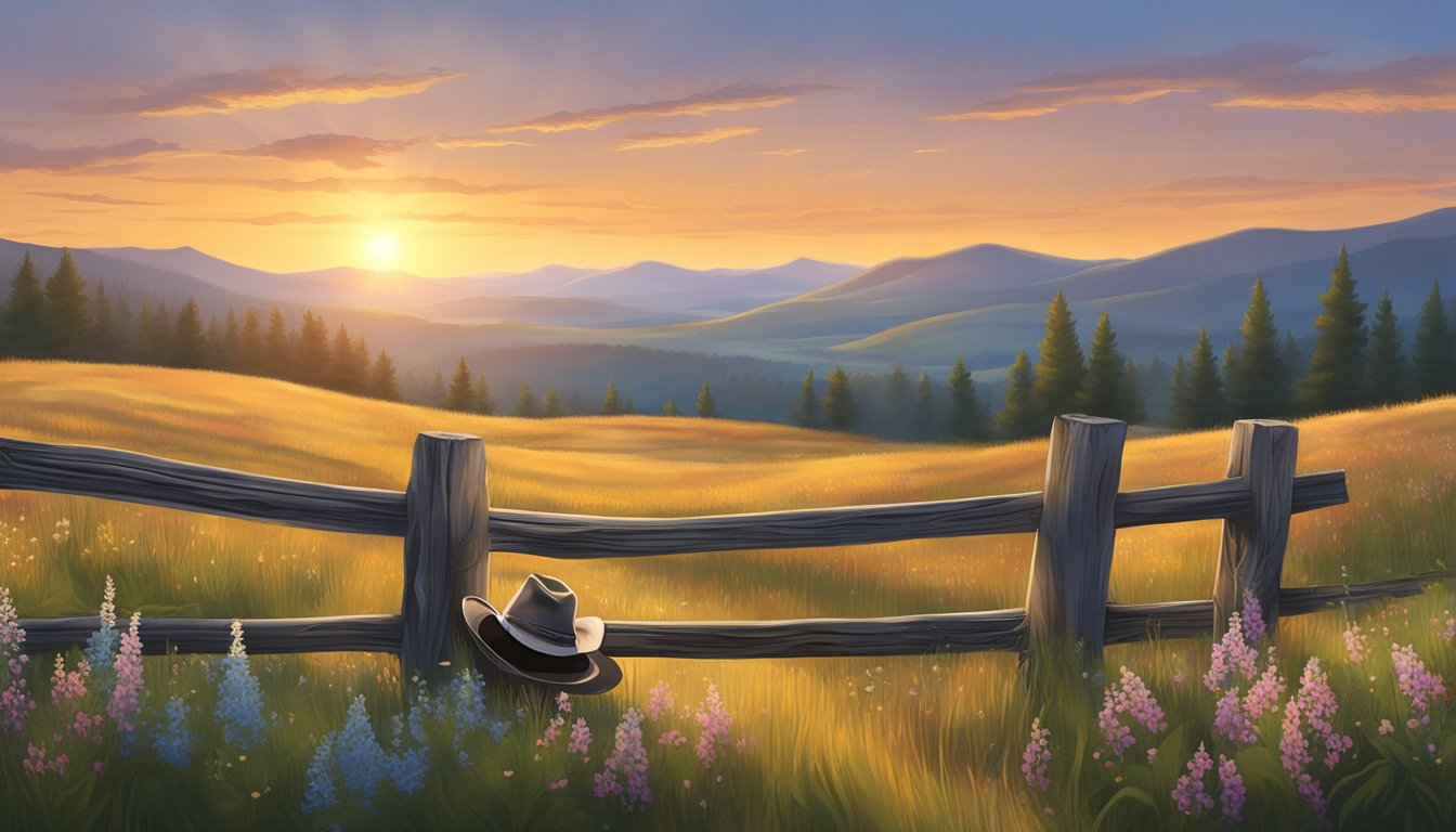 A lone cowboy hat rests on a weathered wooden fence post, surrounded by wildflowers and tall grass, as the sun sets behind rolling hills