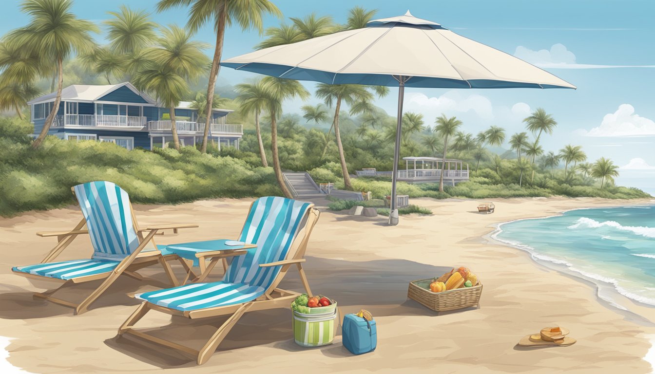 A beachfront property with a view of the ocean, featuring a picnic area with a cooler, umbrella, and beach chairs