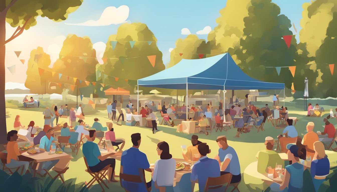 A festive outdoor picnic with a stage set up for live music, surrounded by people enjoying food and drinks on a sunny Labor Day