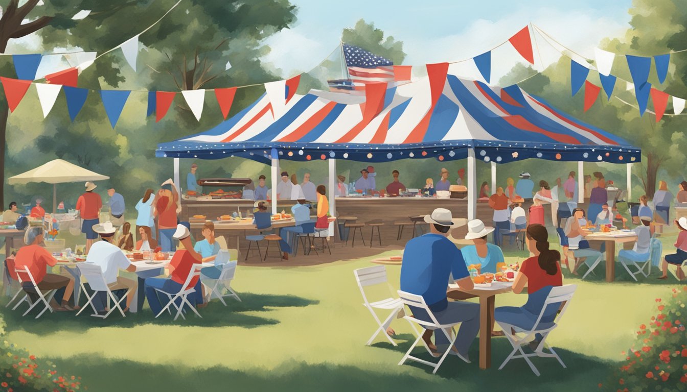 A festive backyard barbecue with a grill, picnic tables, and red, white, and blue decorations, surrounded by friends and family enjoying George Strait music