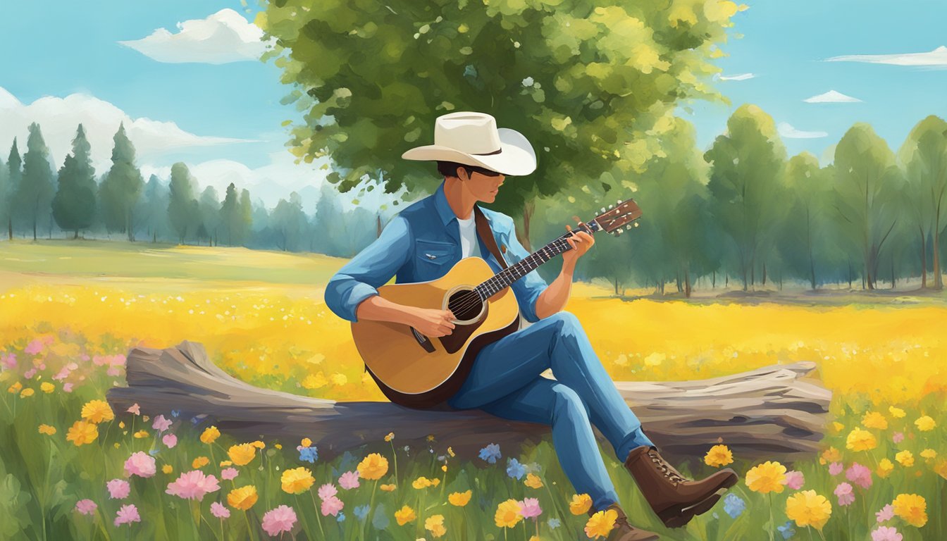 A field of blooming wildflowers with a gentle breeze and a clear blue sky, with a guitar and cowboy hat resting against a tree