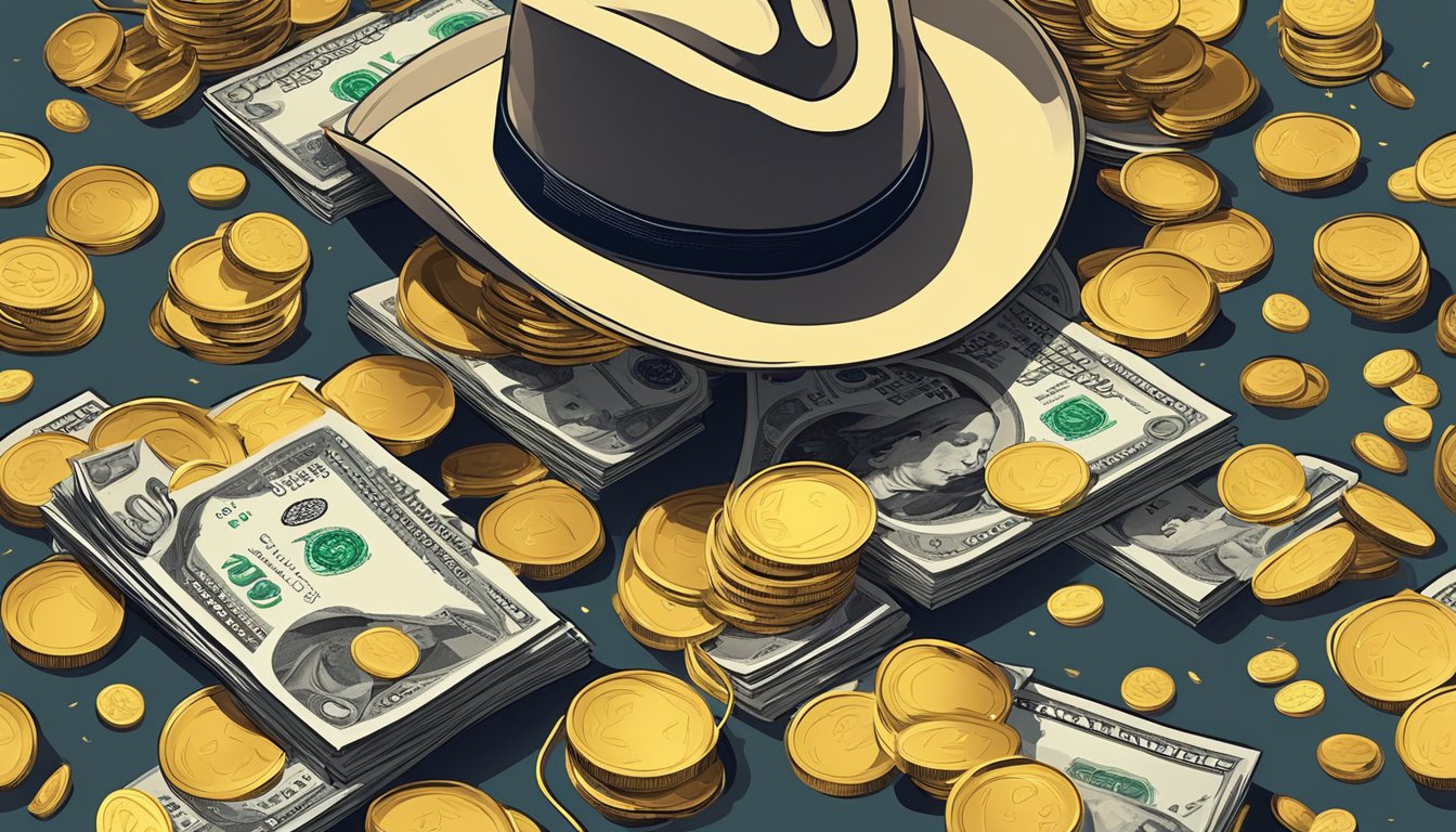 A stack of gold coins and dollar bills scattered on a stage, with a cowboy hat and guitar nearby