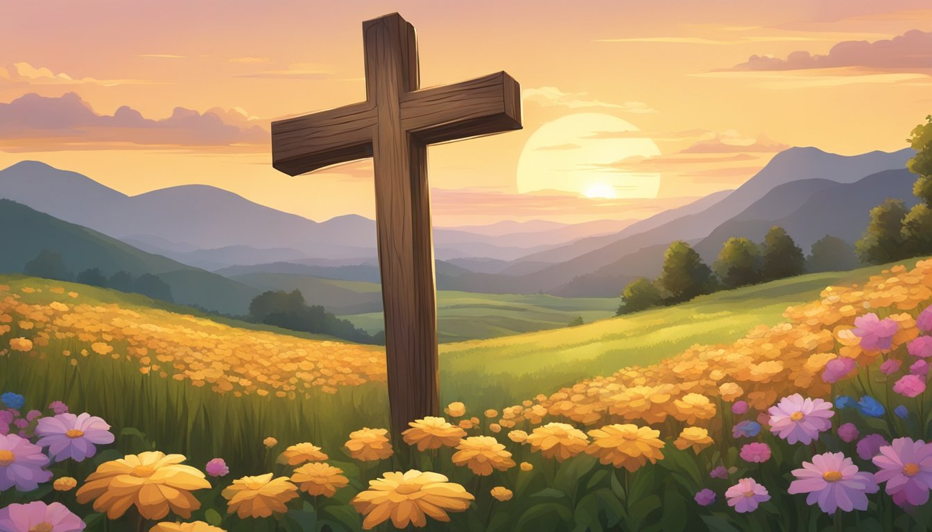 A rustic wooden cross stands tall against a golden sunset, surrounded by blooming flowers and a peaceful country landscape