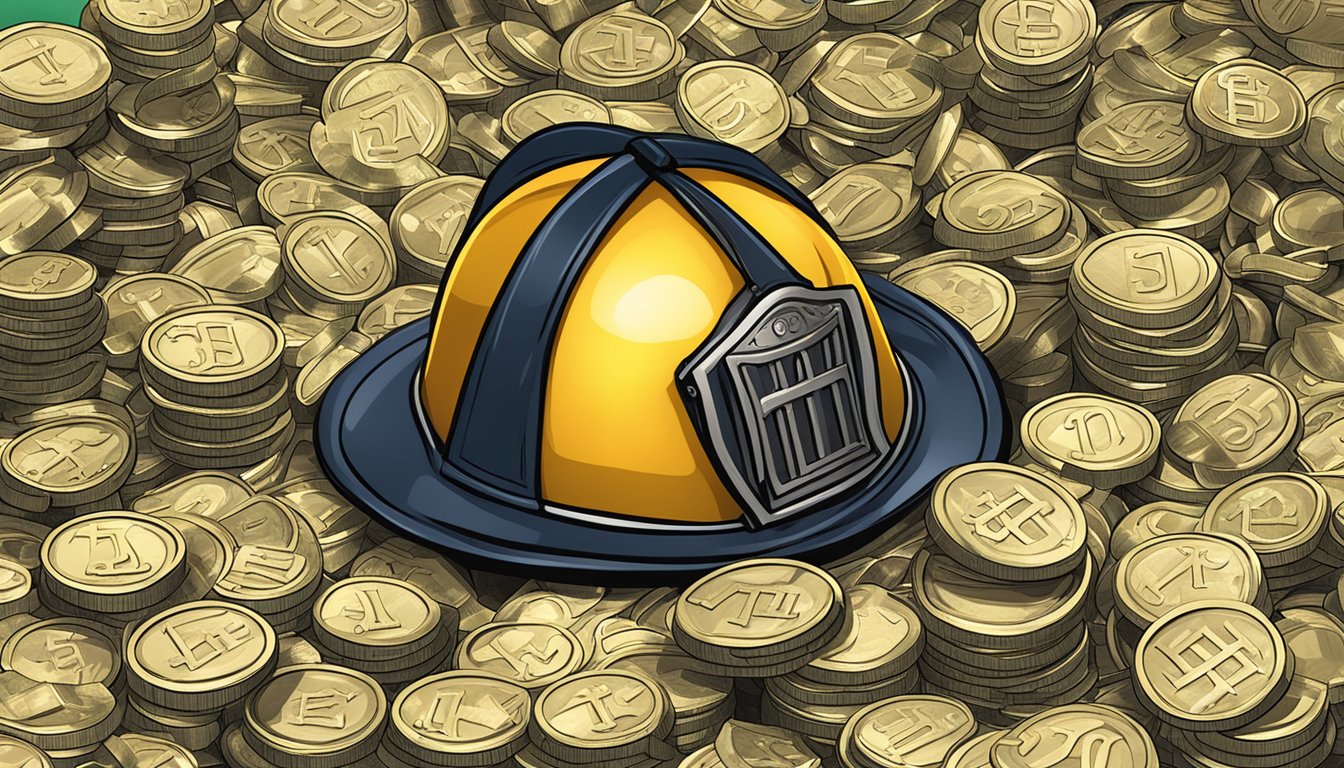 A fireman's helmet and jacket surrounded by piles of money and gold coins